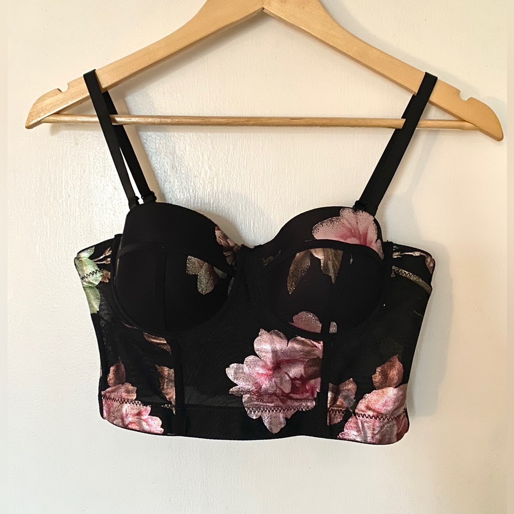 Micas - Floral Print Mesh Bustier Top